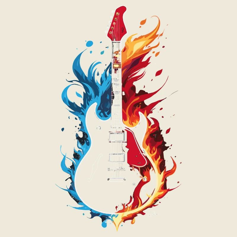Flaming blue, orange, red guitar