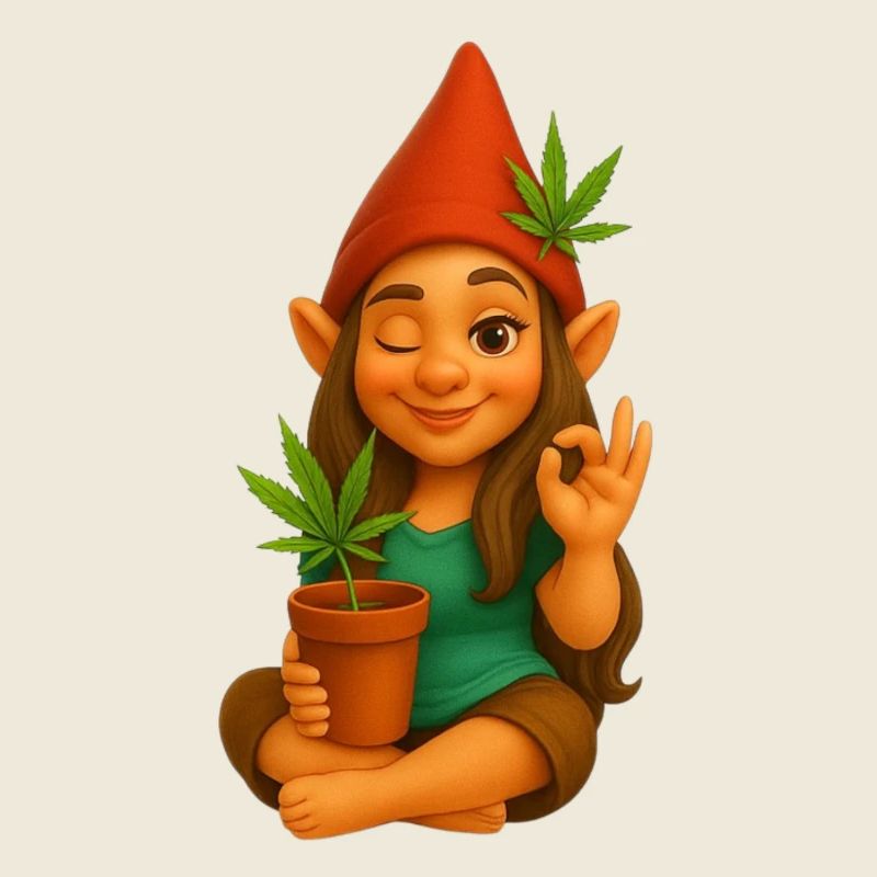 Zwergin im Schneidersitz mit Cannabispflanze