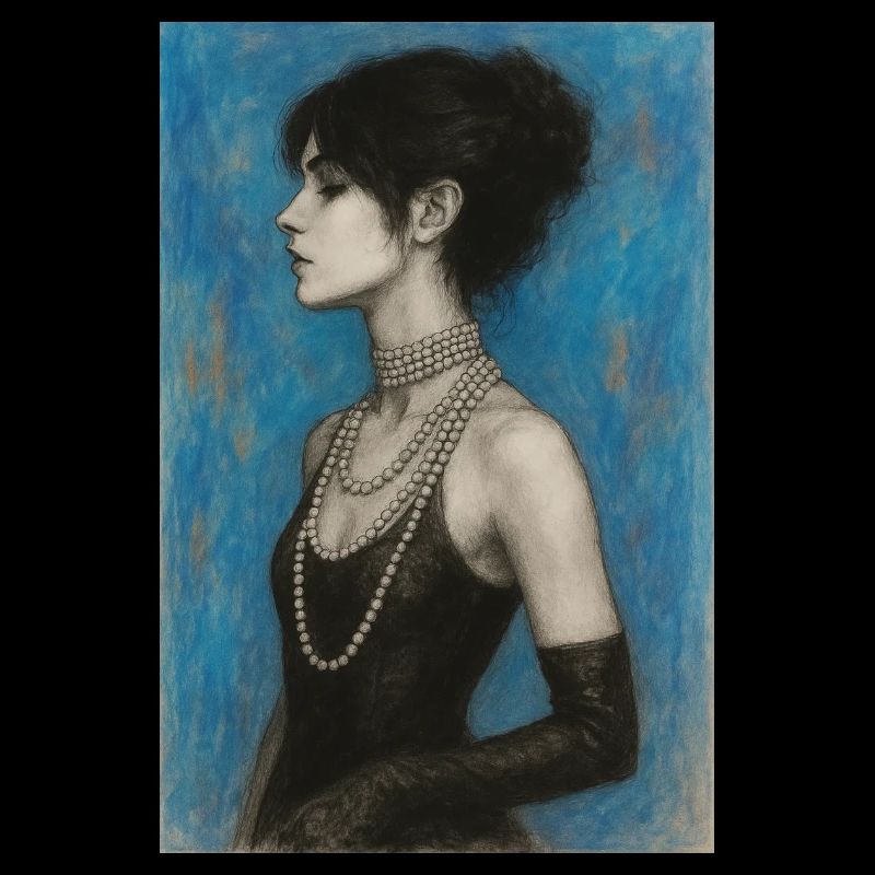 Femme au collier de perles bleu omikly pop art