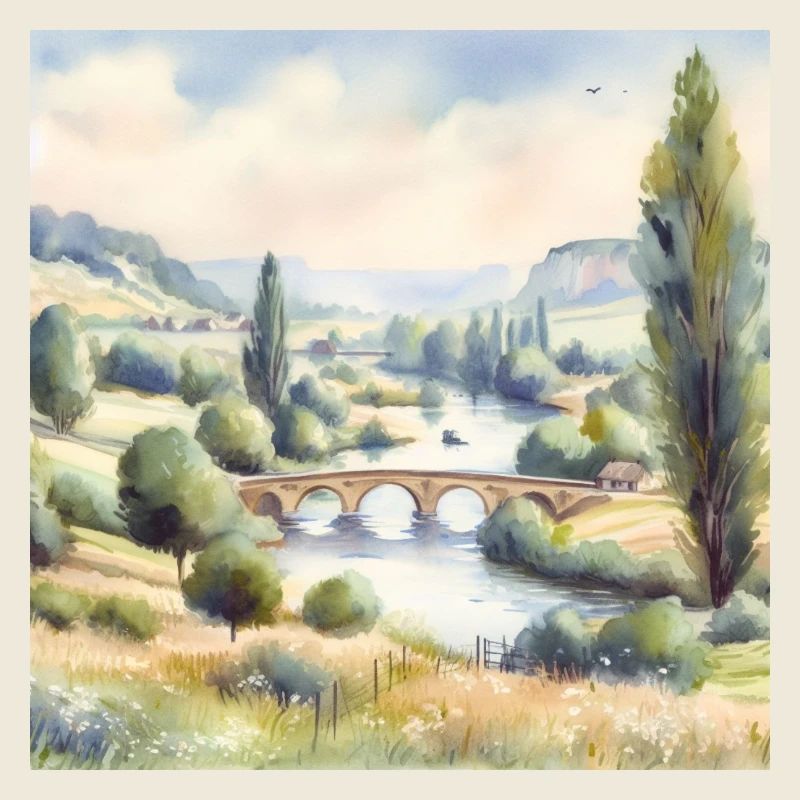 Aquarellmalerei Landschaft mit Brücke