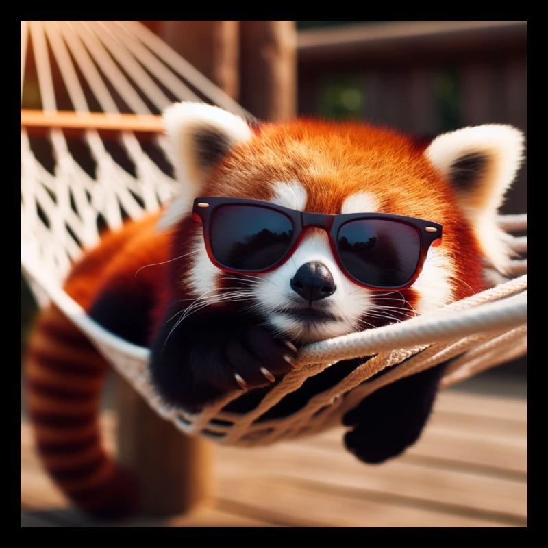 Red panda bear with sunglasses in hammock