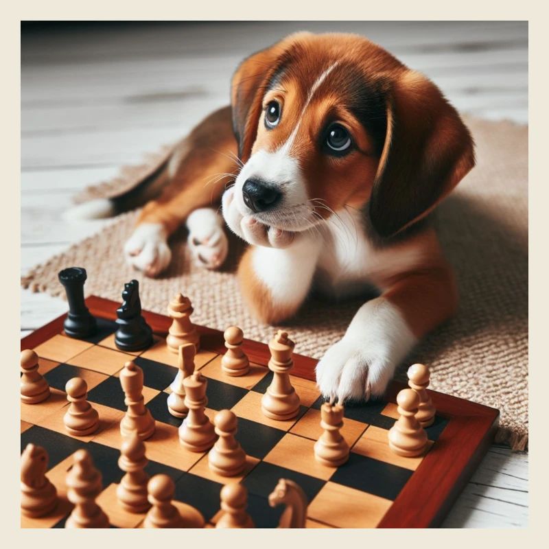 Welpe spielt Schach