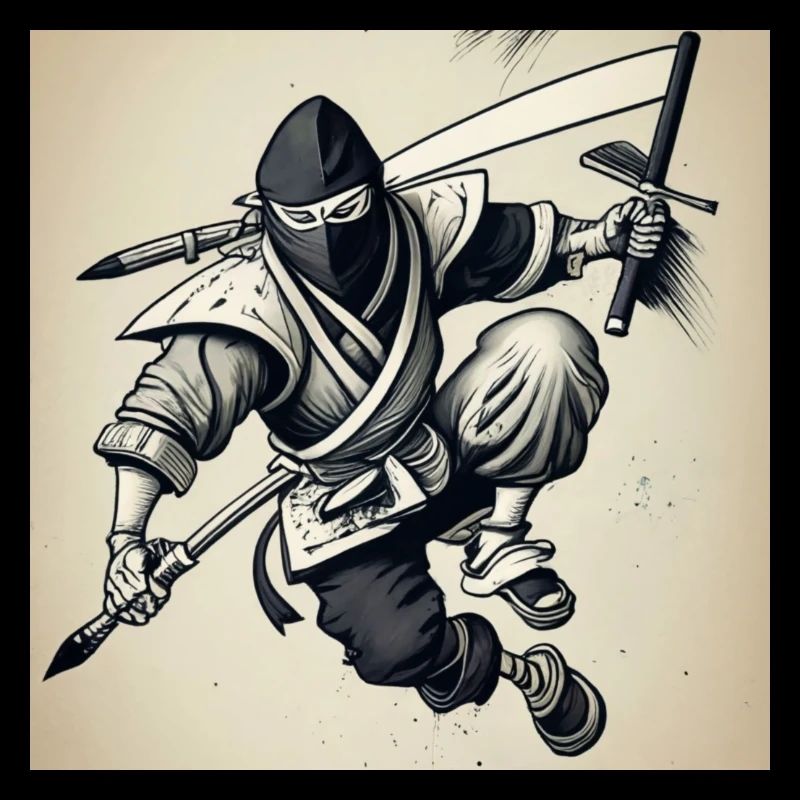 Un ninja au crayon papier noir et blanc
