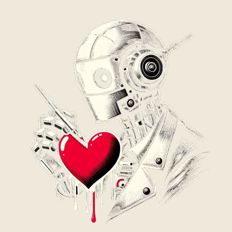 Robot peignant un cœur rouge