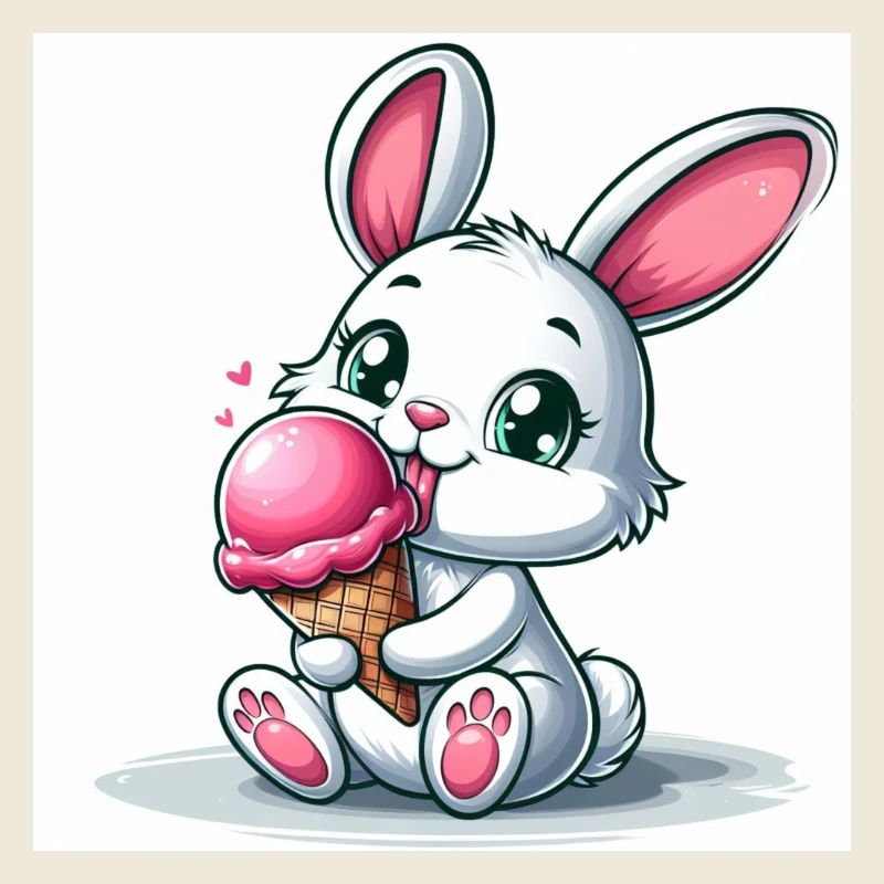 Lapin mignon assis sur de la crème glacée molle en train de manger. Été 2024