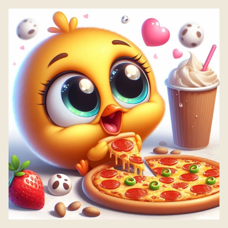Cute fluffy chick with big pizza & shake