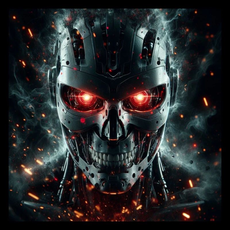 Cyborg with red eyes, fire and sparks