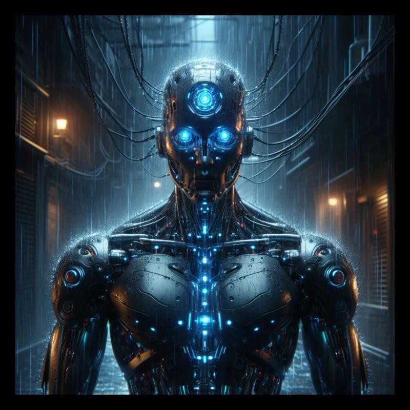 Cyborg with blue eyes on black background