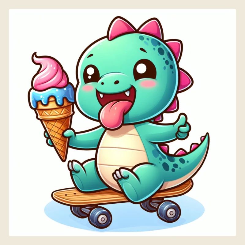 Sweet Dino Green avec cornet de crème glacée sur planche à roulettes