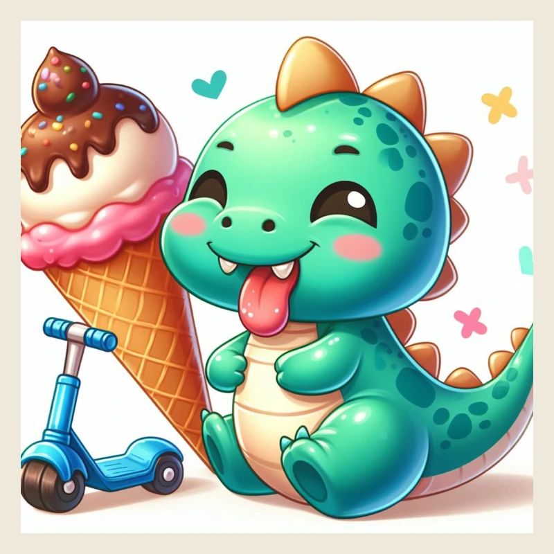 Dino vert avec cornet de crème glacée et rouleau