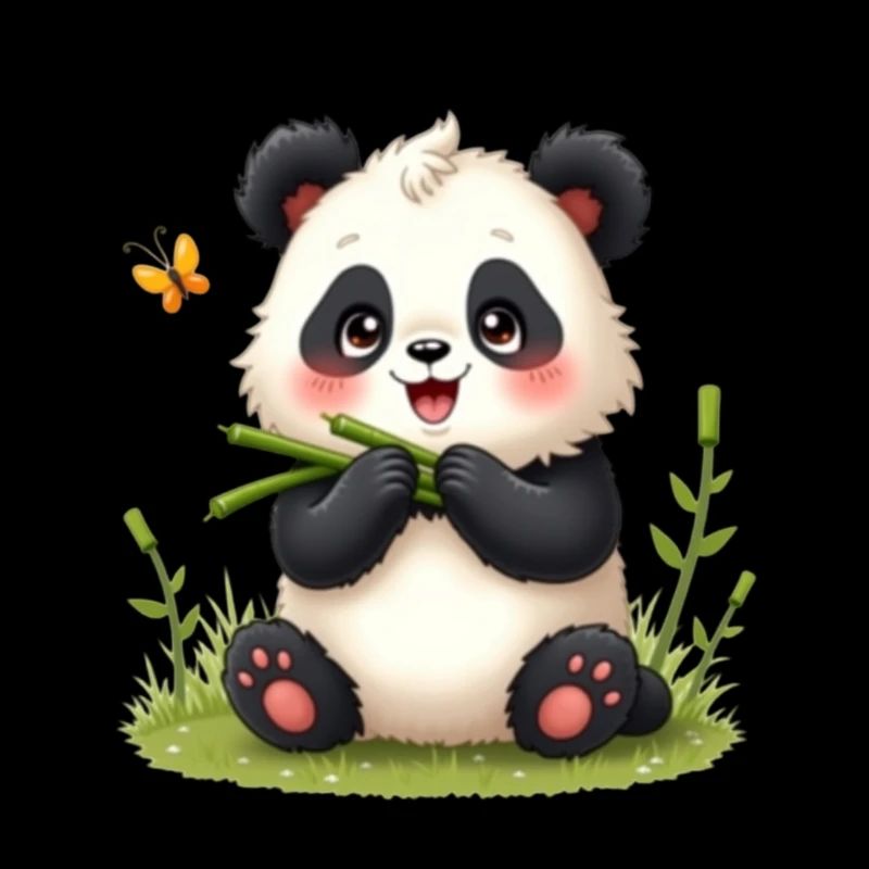 Mignon panda de dessin animé avec bambou et papillon