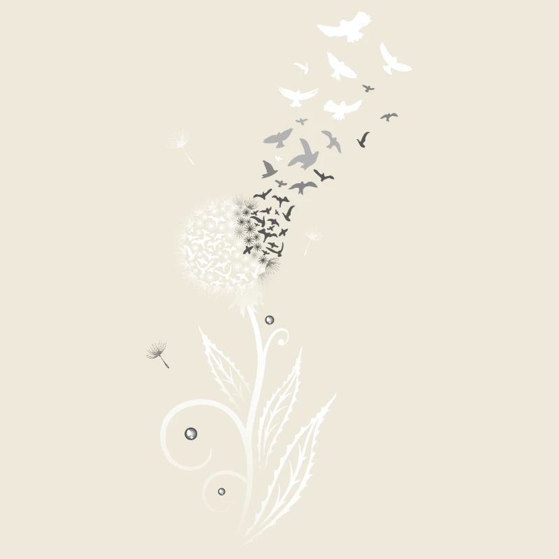 Löwenzahn. Pusteblume mit Vogelschwarm.