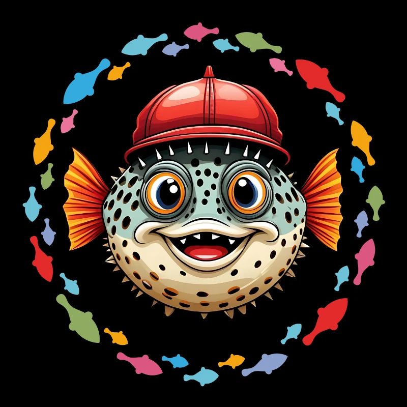 Kugelfisch mit roter Basecap und bunten Fischen