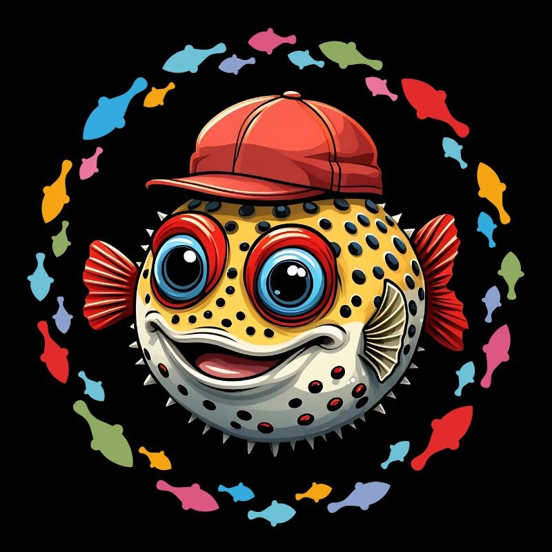 Kugelfisch mit roter Basecap und bunten Fischen