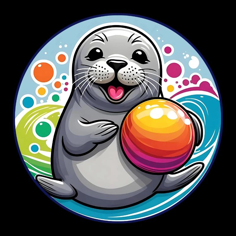 Lachender Seehund Robbe mit buntem Ball