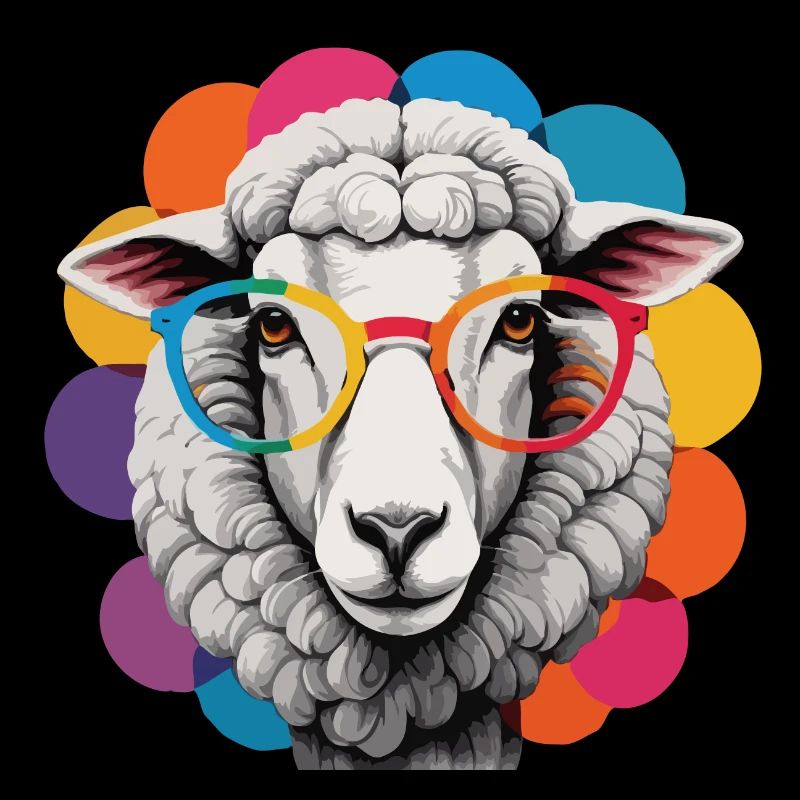 Schaf cool flauschig mit Brille bunter Hintergrund