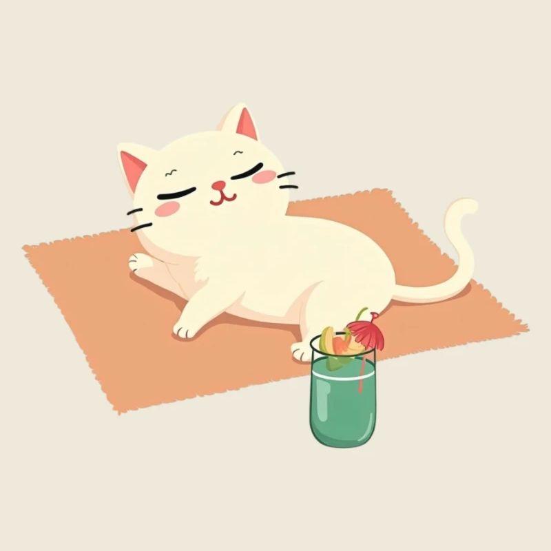 Chat de dessin animé se relaxant sur la plage sur une couverture et une boisson