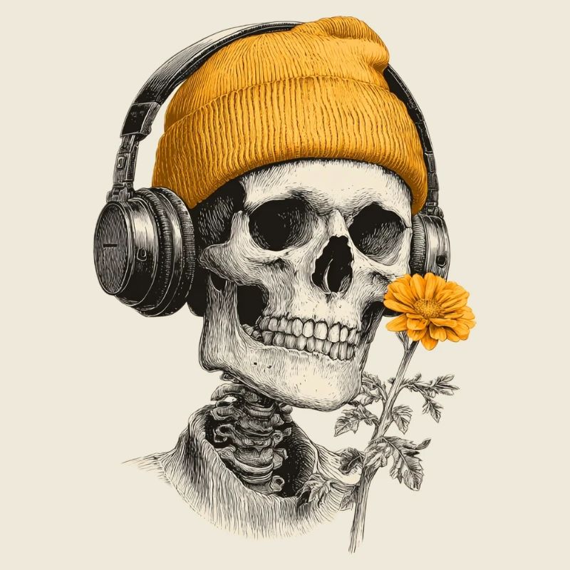 Schädel mit Gelber Mütze und Kopfhörern