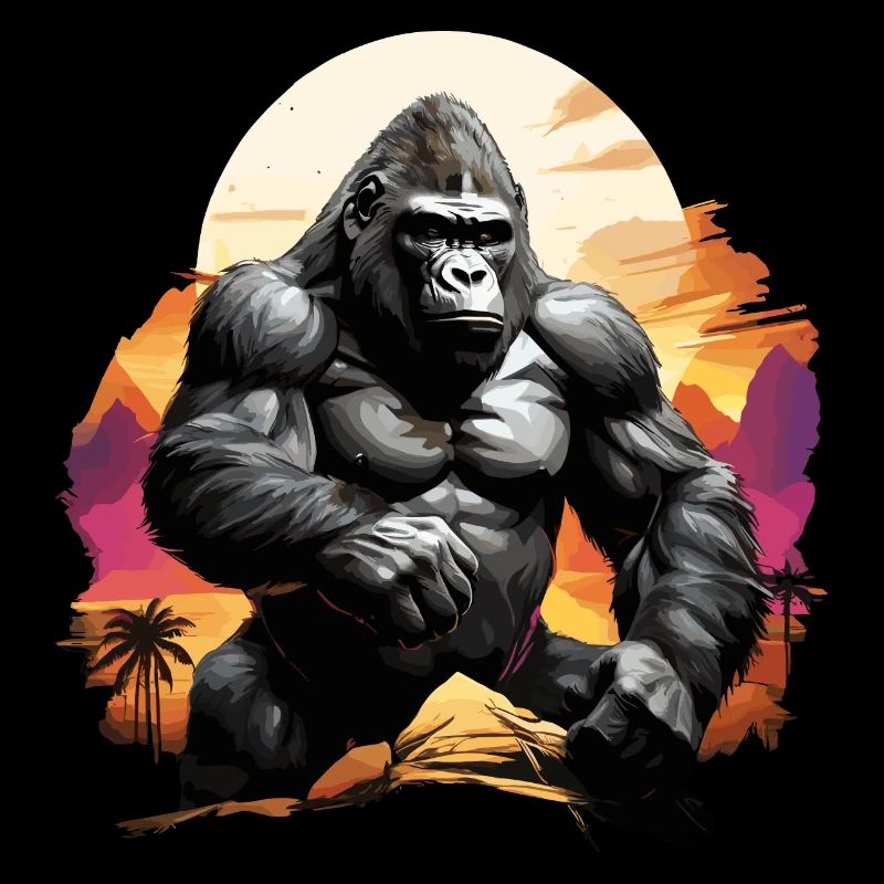 MAJESTIC GORILLA AMIDST A COLORFUL SUNSET, RETRO