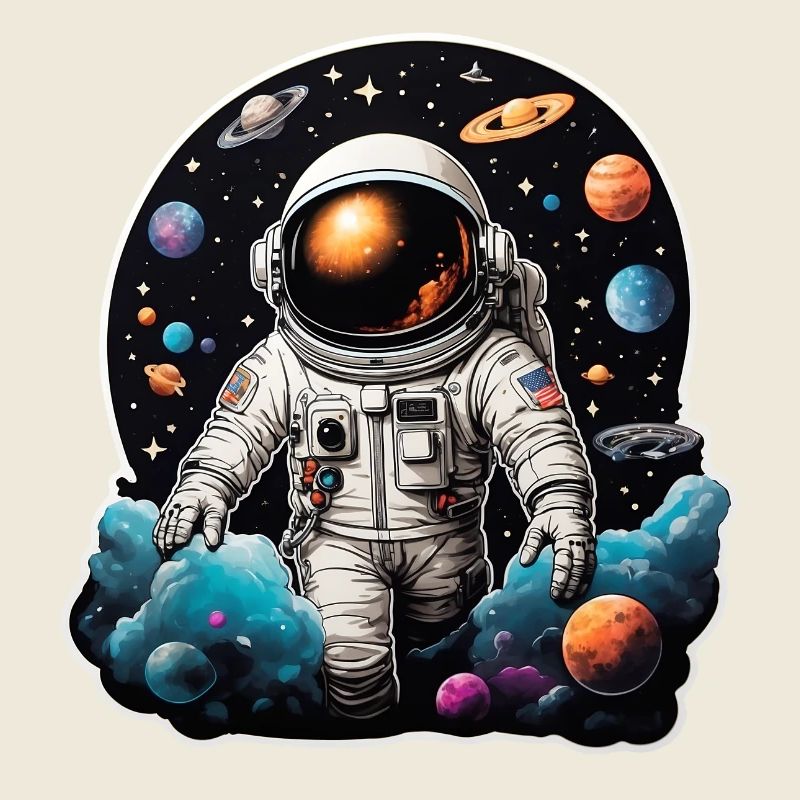 Astronaute sur la route dans l’espace avec des planètes