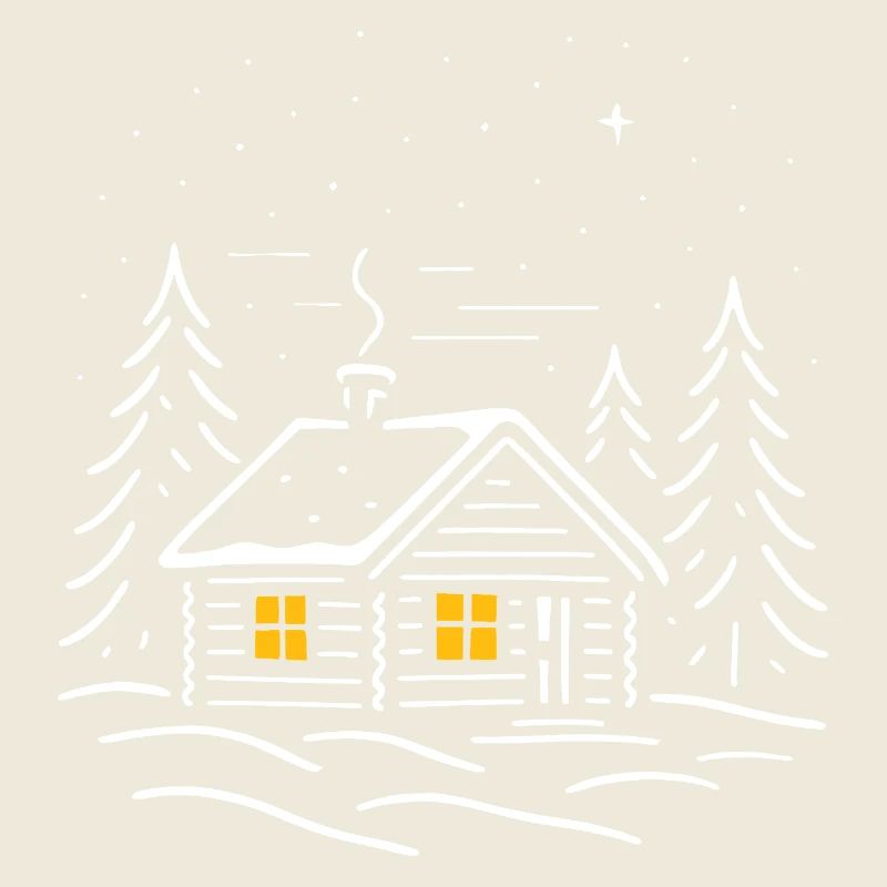 Illuminated snowy cabin with a tree