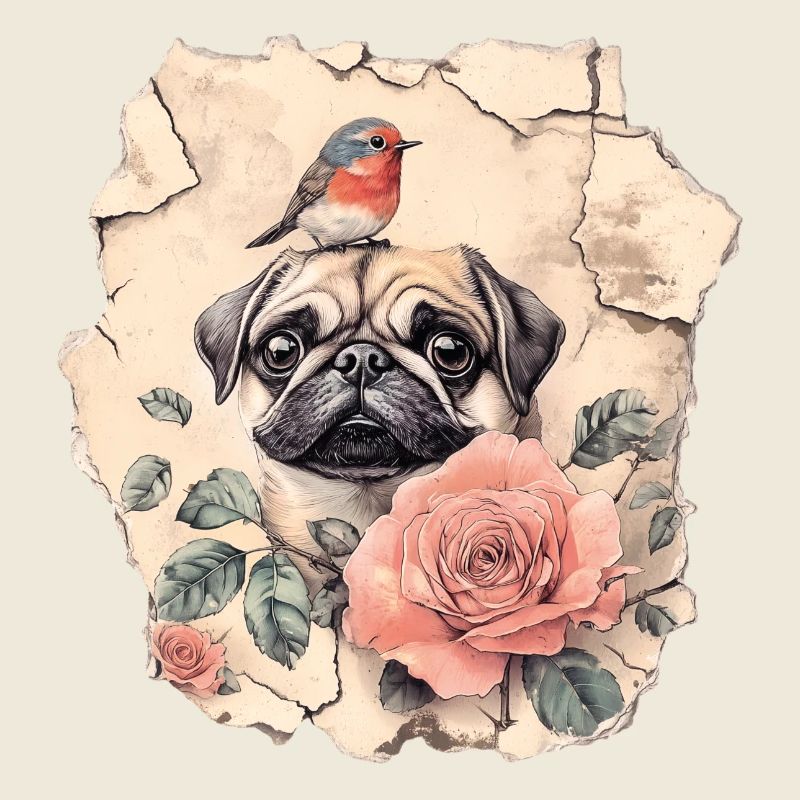 Mops mit Rotkehlchen