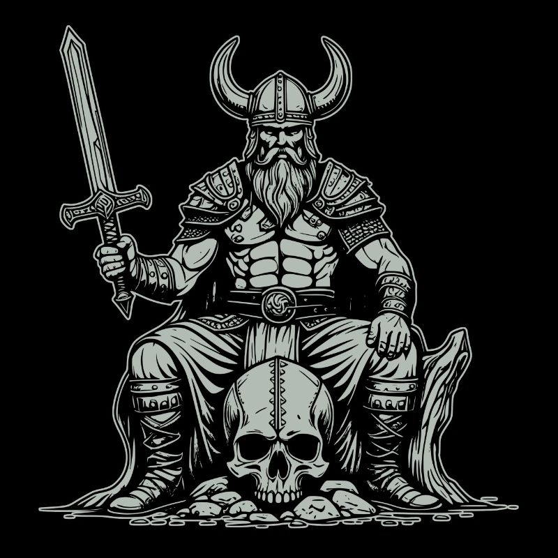 Wikinger mit Schwert auf einem Schädel