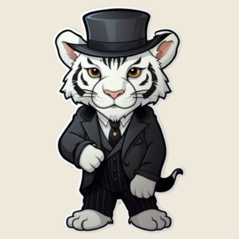 cute white tiger wearing a black suit and hat