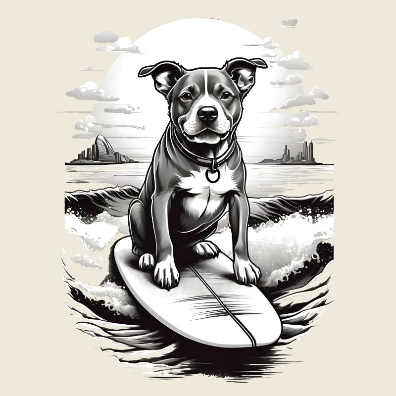 Chien surfeur en noir et blanc