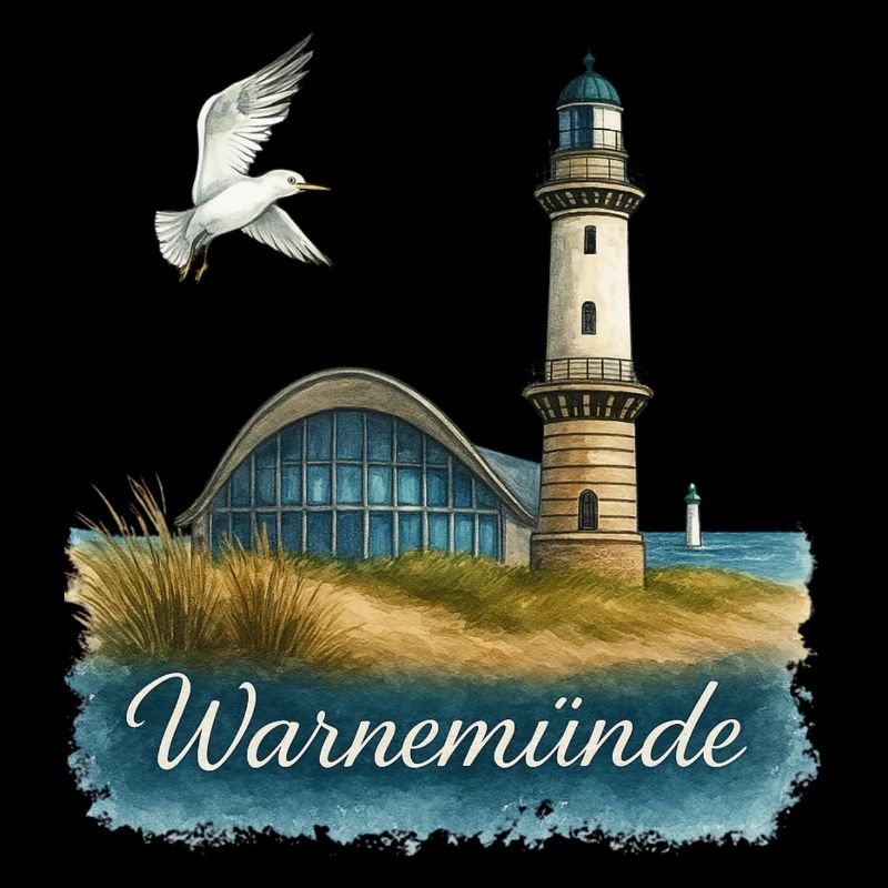Pot de thé et phare de Warnemünde avec mouette