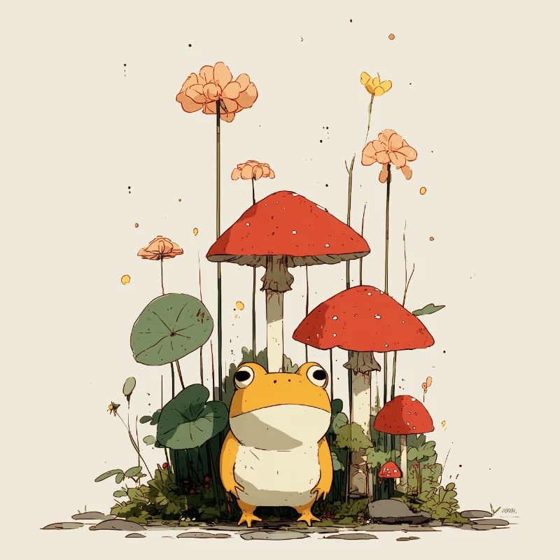 Frosch vor roten Pilzen im Wald