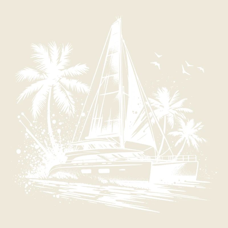 Double hull catamaran sailboat with palm trees