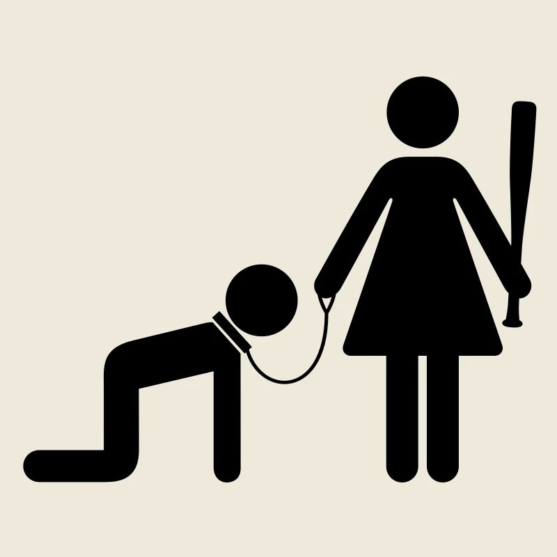 A woman holds a man as a slave