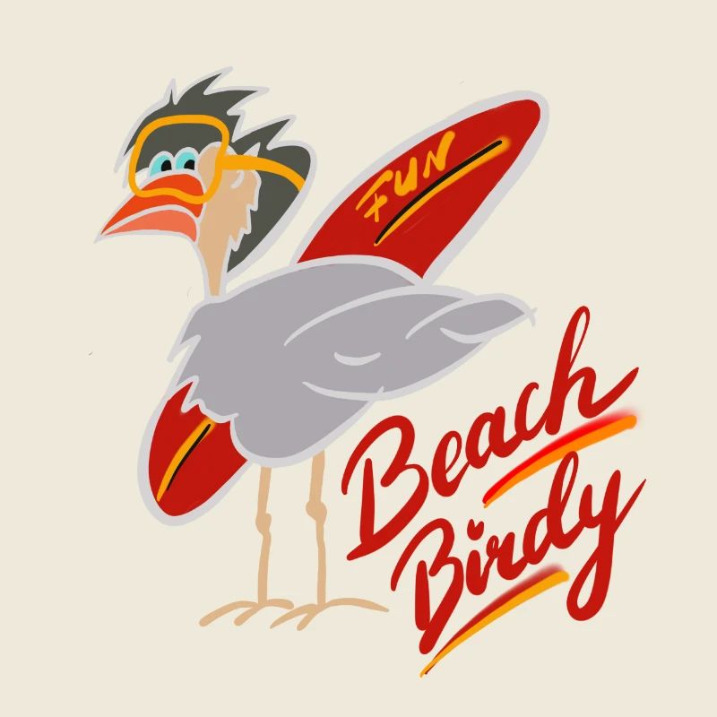 Funny beach stork with surfboard