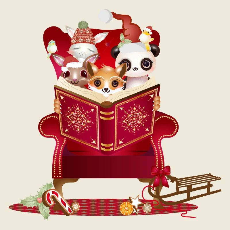 Animaux lisant un livre dans le fauteuil à oreilles à Noël