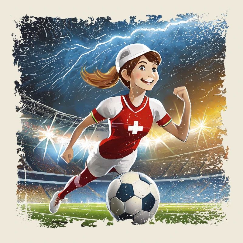 Fussballerin Comicfigur Stadion mit Blitzen