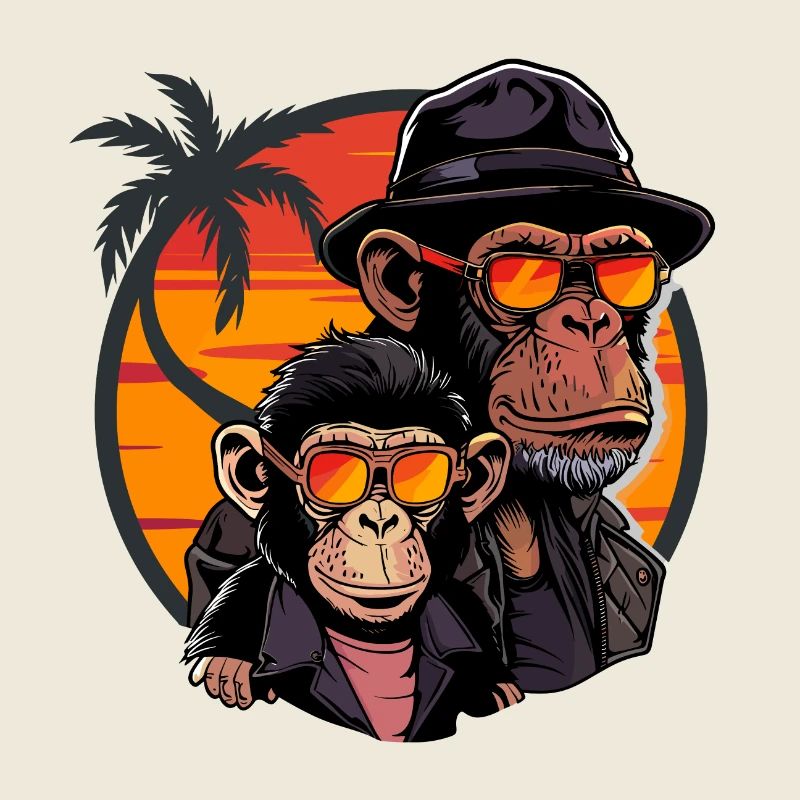 Monkey Dad Son Monkey Chimpanzee Animal Vintage