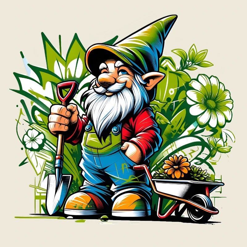 Bunter, lebendiger Gartenzwerg umgeben von Blumen