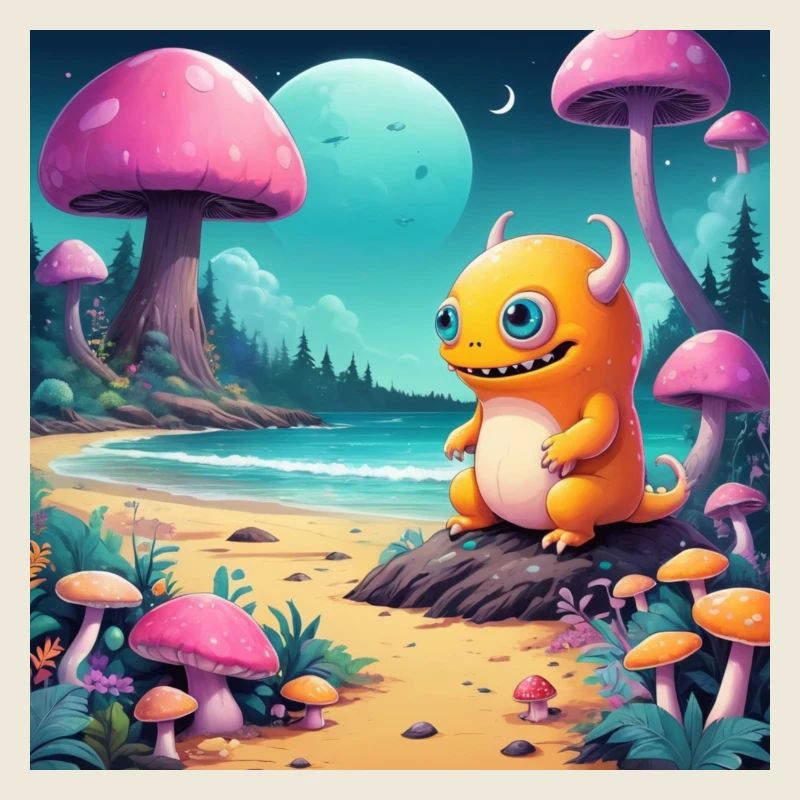 Petit monstre sur la plage de conte de fées