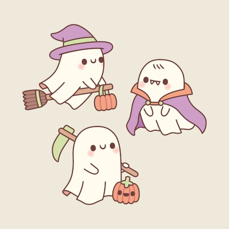 Cute Ghosts As Witch Grim Reaper And Vampire