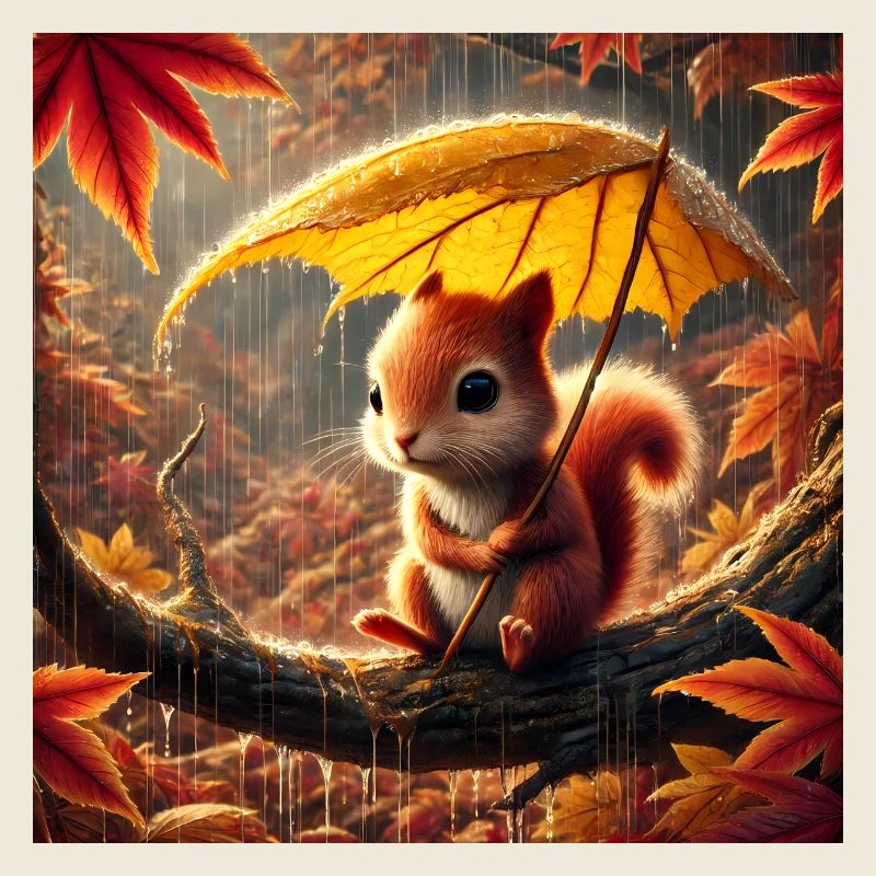 Trauriges Eichhörnchen im Regen im Herbst