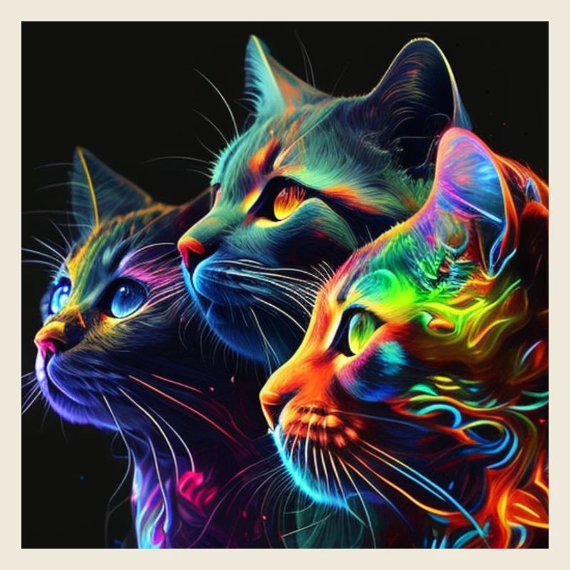 Neonfarbene Katzen auf schwarzem Hintergrund