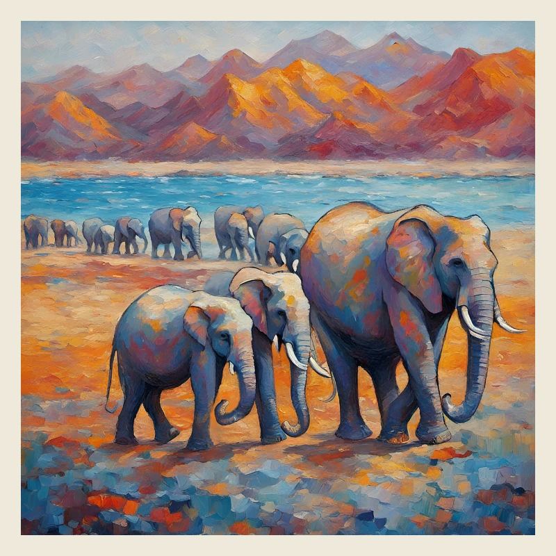 Farbenfrohe Elefanten am Fluss