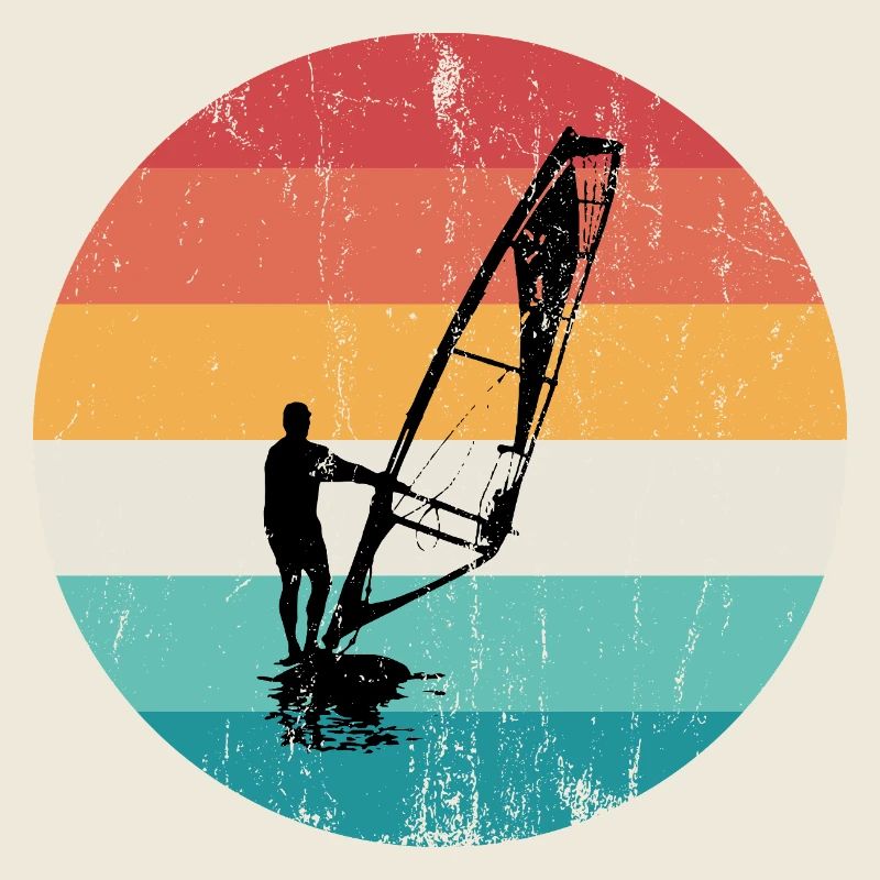 Silhouette rétro de windsurf sur rayures de coucher de soleil