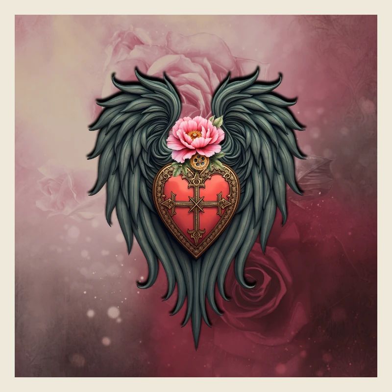 Bouclier en forme de cœur avec ailes et fleur rose