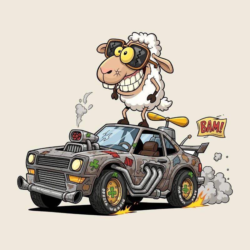 Whimsical Sheep Racing Car Illustration