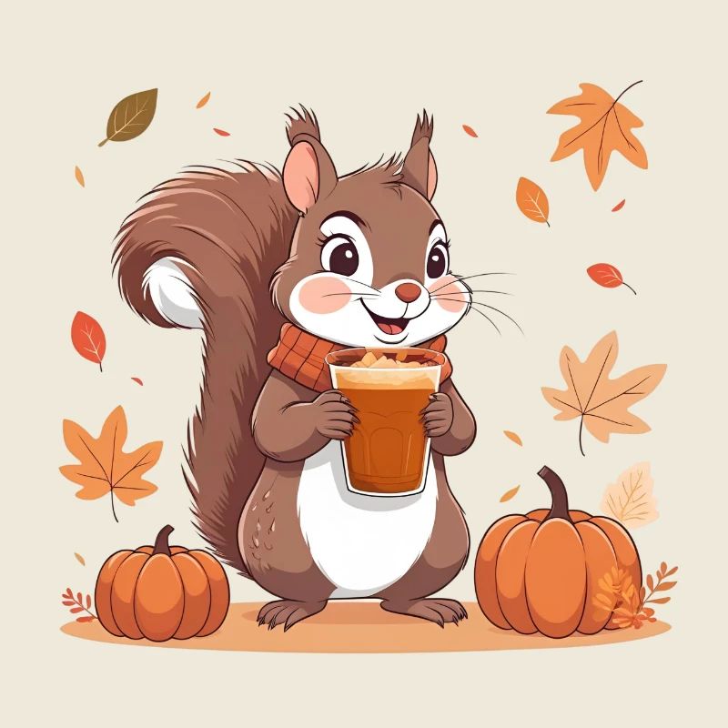 Cute squirrel with pumpkin spice latte autumn