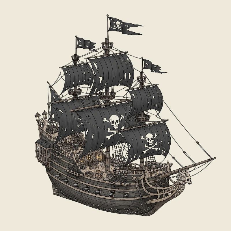 Verlassenes Piratenschiff mit Totenkopf-Logo