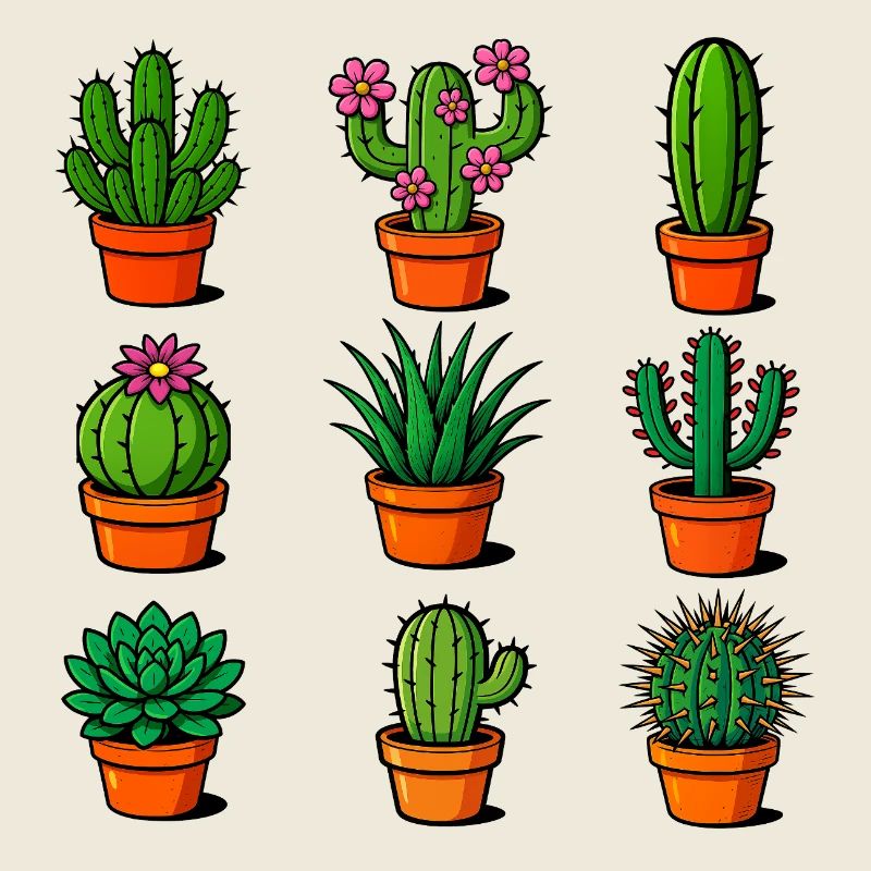 Various cacti in terracotta pots