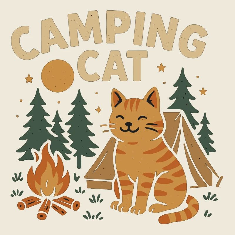 Chat de camping avec tente et feu de camp